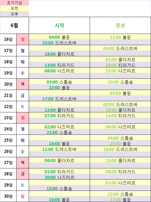 6월 습격 시간표 만들어왔어요 와우 인벤